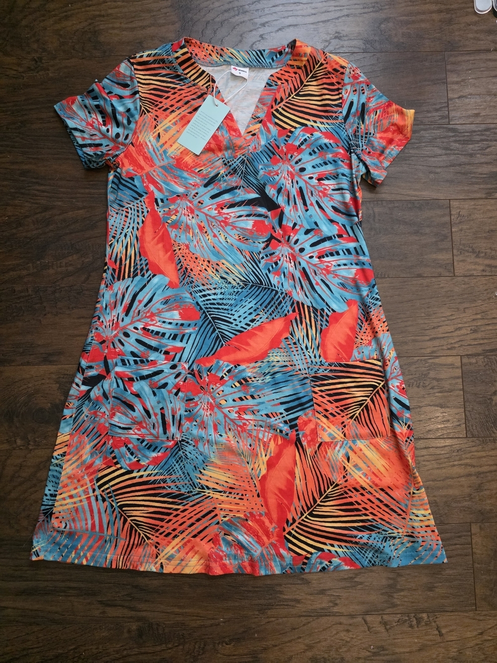 Tropical V-Neck Mini Dress in Blue & Red